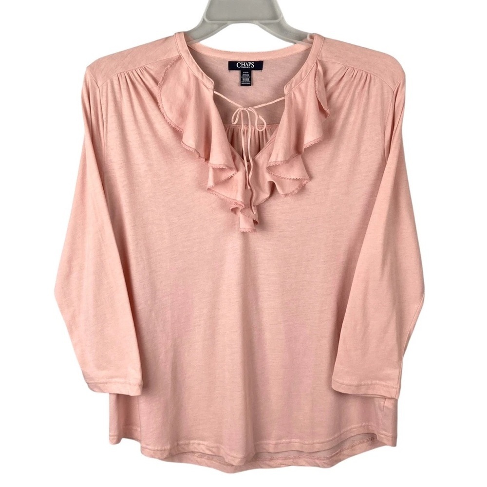 Chaps Ralph Lauren 1X Blush Pink Ruffle Tie Neck 3/4 Sleeve Top Plus Size